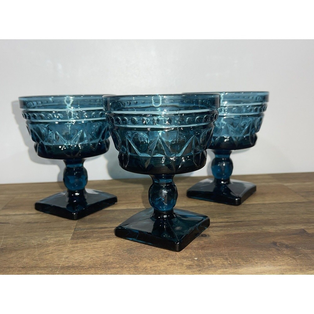 Set of 3 Vintage Indiana Glass Colony Park Lane Teal Dark Blue 4.25" Goblets